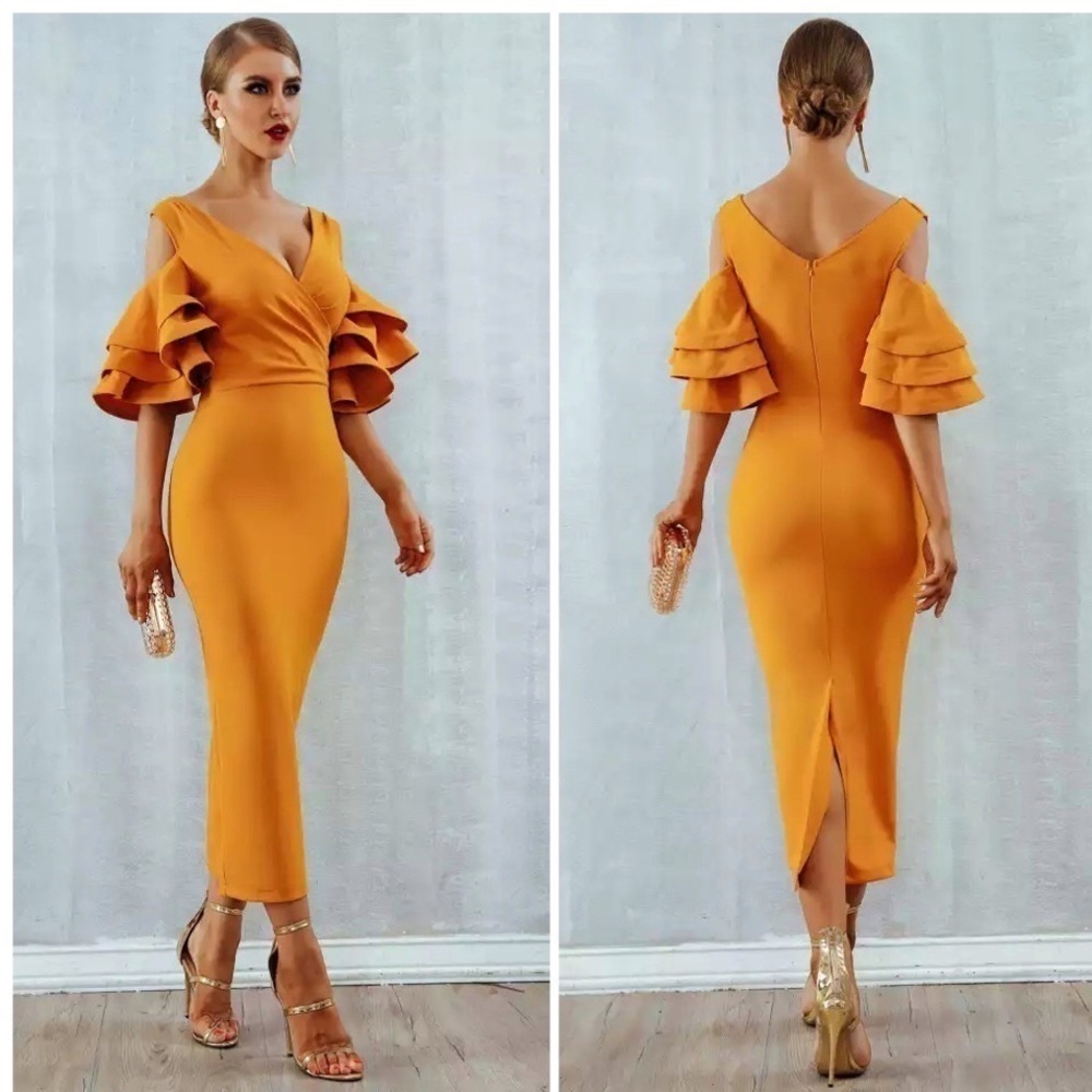 Bodycon Club Dress Sexy Deep V Neck Ruffles Butterfly Short Sleeve Midi